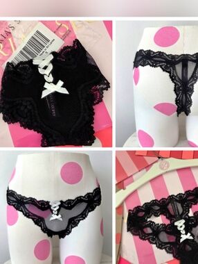 Victoria's Secret VTG Black Lace Mesh Lace-up Thong Tanga Panty NWT HTF Y2K